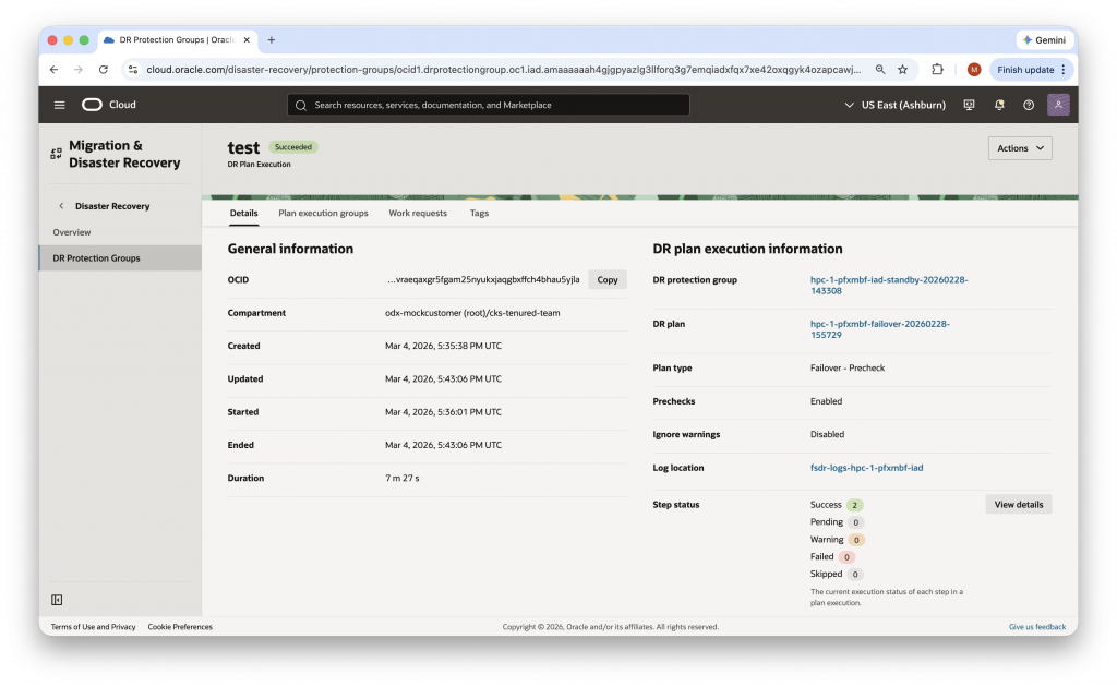 OCI Console — DR Test Plan Execution page 