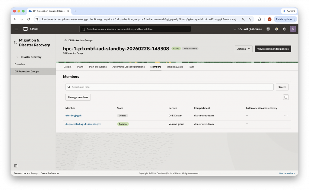 OCI Console — Member Resource dialog showing OKE Cluster selected as the resource type within a DR Protection Group.]