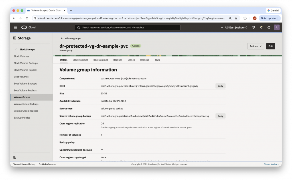 OCI Console — Block Volume Group detail page showing cross-region backup copy to IAD (Ashburn) completed successfully.