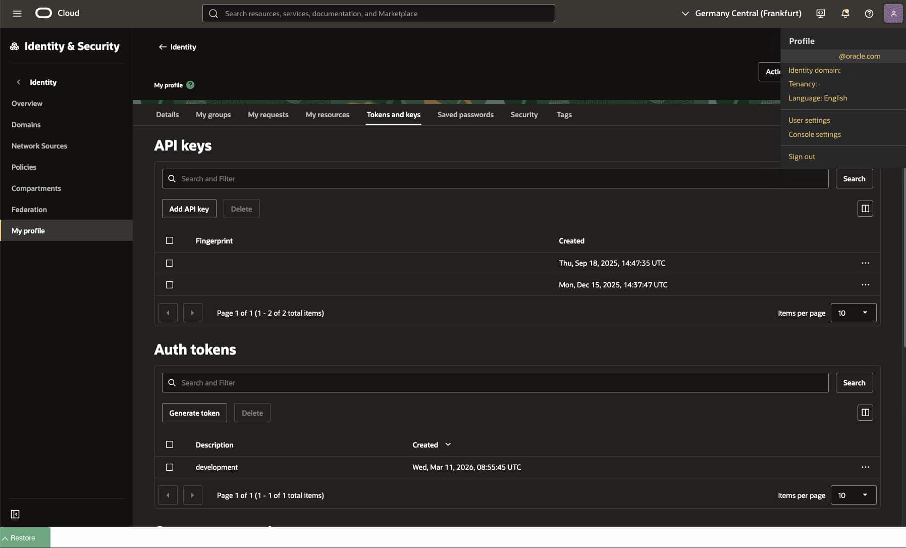 Tokens de autenticação no console do OCI