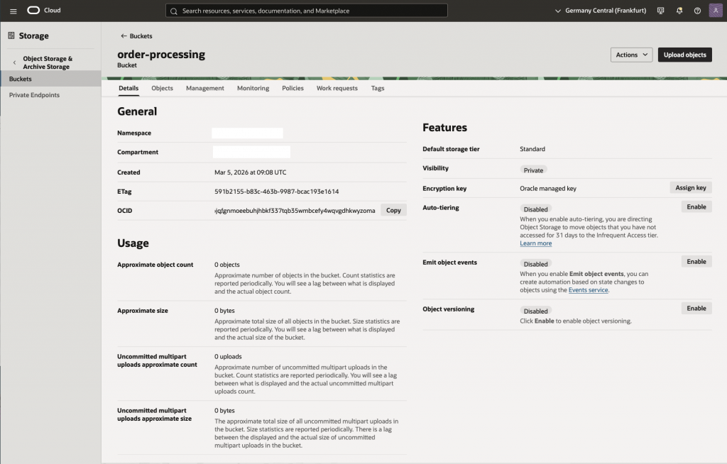 OCI Object Storage Console showing a created order-processing bucket