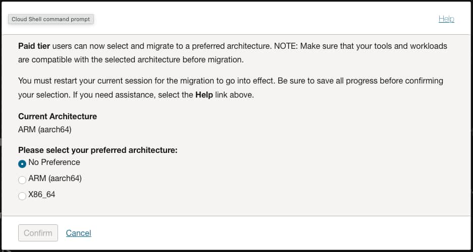 Cloud Shell architecture selection screen; showing current architecture ARM (aarch64) and "no preference" selected for preferred architecture with possible options being ARM and X86_64