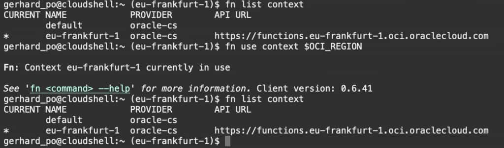 Screenshot showing the output of fn list context changing after running the above commands to display the configured context