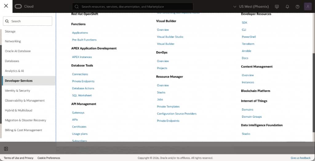 This is an image that shows where the OCI Internet of Things Platform fits in the overall OCI Console