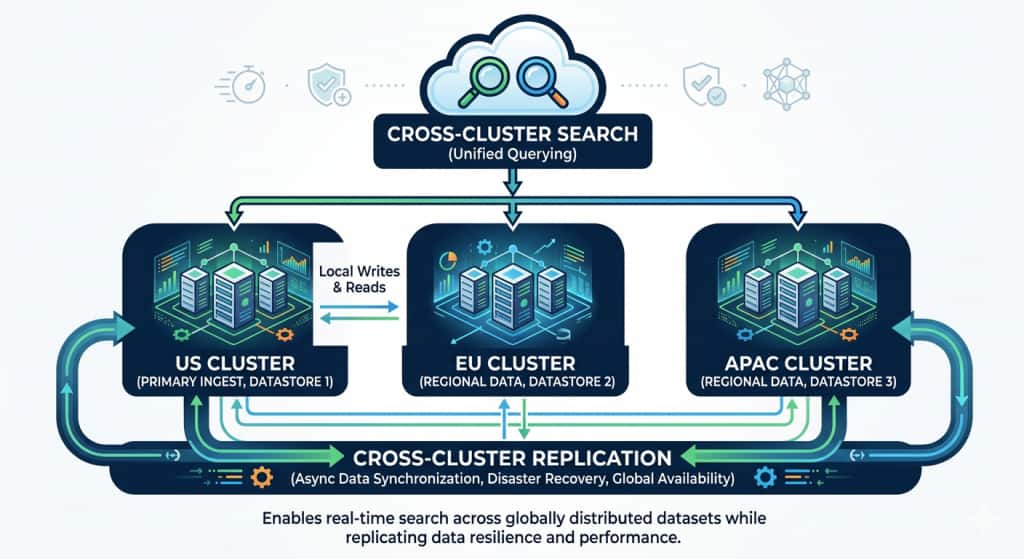 Global OpenSearch-style architecture with US (primary ingest) and EU/APAC regional datastores: local reads/writes per region, unified cross-cluster search across all clusters, and cross-cluster replication for async synchronization and resilience.