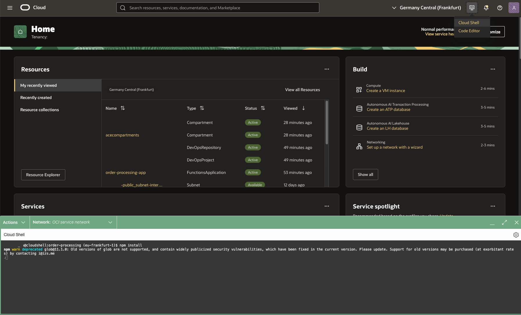 OCI Console com o Cloud Shell aberto
