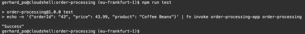 Screenshot showing the output of "npm run test"; result is "Success"; refer to package.json for definition of command and sample inputs.