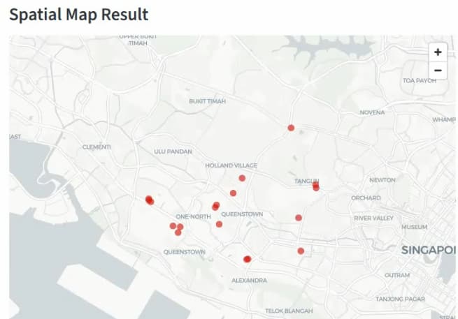 Snapshot of spatial visualization of amenities which generated based on previous query 
