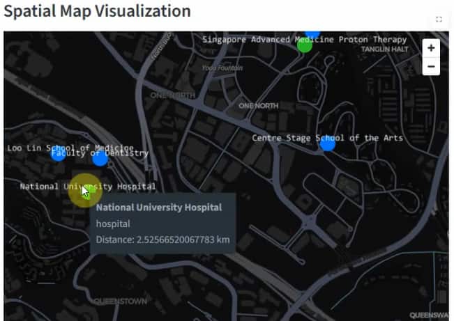Snapshot of spatial visualization of amenities with spatial analytics which generated based on previous query 
