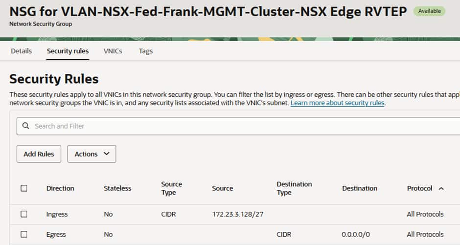 NSG for RTEP VLAN in Frankfurt