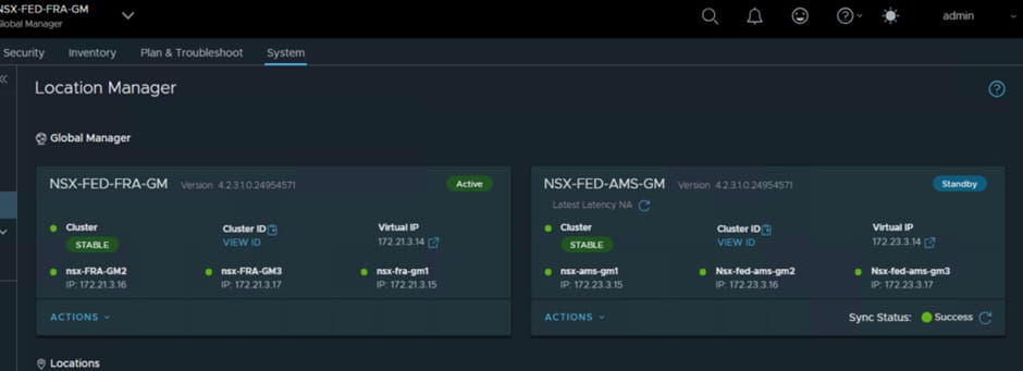 NSX Global Managers Added with Amsterdam set as Standby