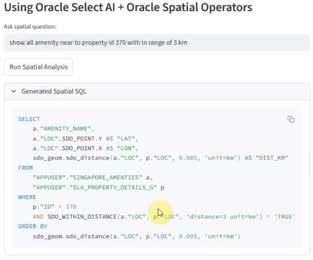 Snapshot image that shows Oracle select AI generates and returns the sql query with appropriate spatial operators