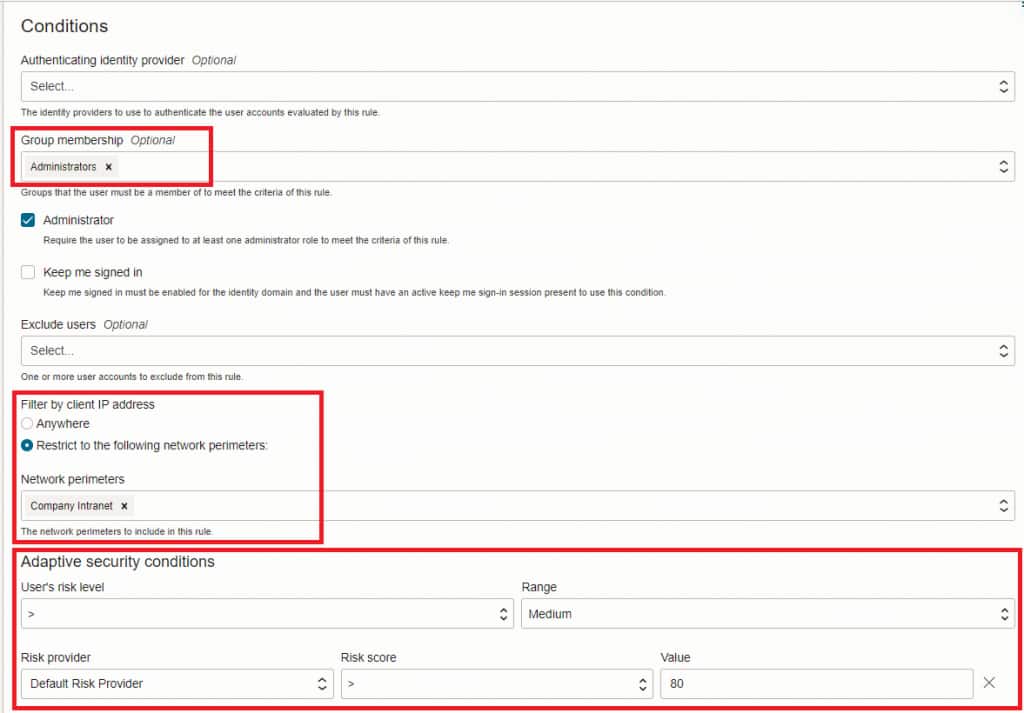 Figure 6: Sample OCI IAM sign-on policy conditions showing group memberships, network perimeters, and adaptive security
