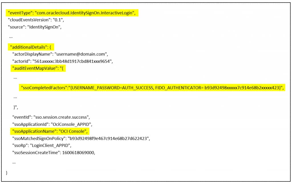 Figure 7: Sample OCI IAM sign-in event showing general event structure and where to find the ssoCompletedFactors attribute
