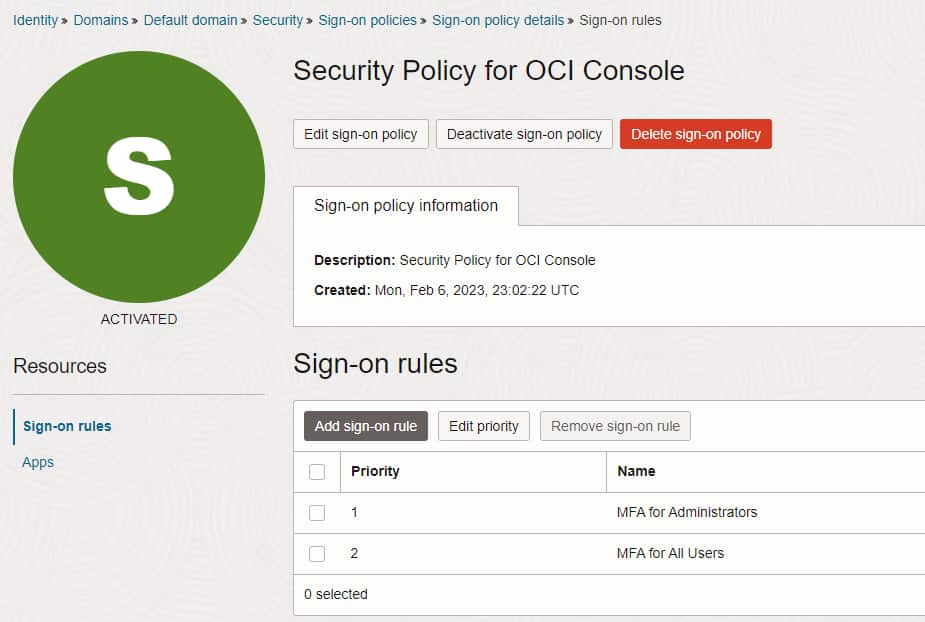 Figure 5: Sample OCI IAM sign-on policy sign-on rules showing priority order 
