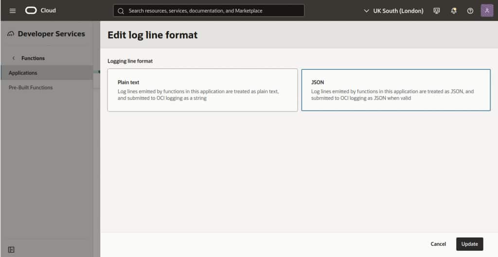 A screenshot showing the 'Edit log line format' modal in the OCI Console, with options of 'Plain text' or 'JSON'