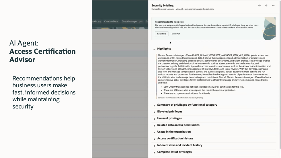 Access Certification Advisor AI agent providing a security briefing to support privileged access review decisions.