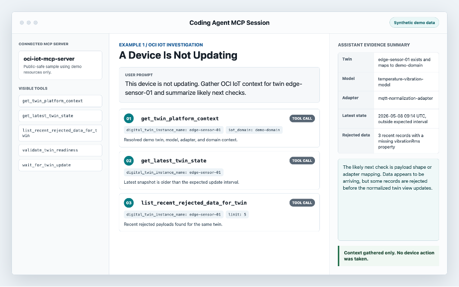 A screenshot that shows how an AI assistant displays the visible tools, user prompt and response from an MCP interaction when a device is not updating.