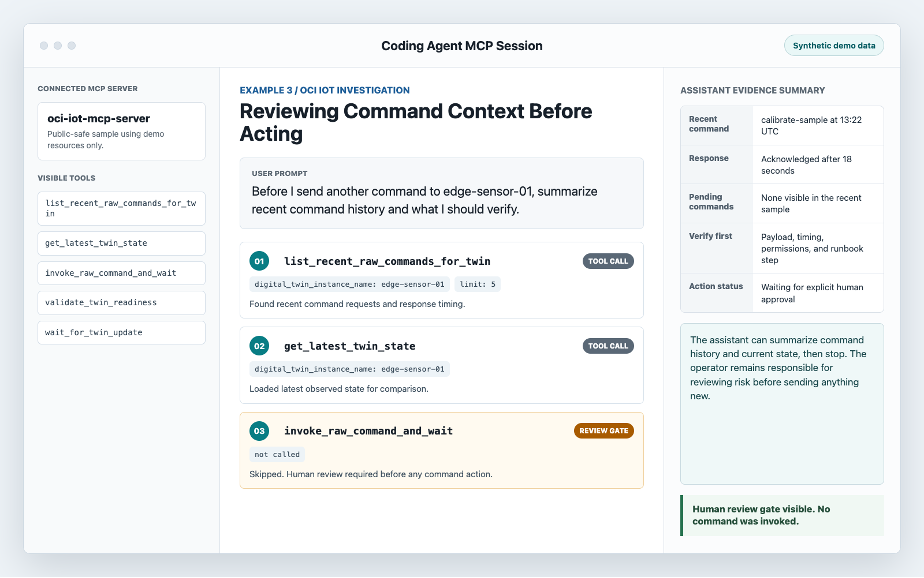A screenshot that shows how an AI assistant displays the visible tools, user prompt and response from an MCP interaction when reviewing command context before acting.