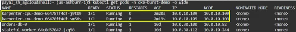 Terminal screenshot showing kubectl get pods -n oke-burst-demo -o wide output after the Karpenter CPU demo workload is scaled down, with two karpenter-cpu-demo pods plus orders-db-0 and stateful-worker all in Running status, illustrating that managed-node workloads remain healthy after Karpenter-driven capacity changes in the mixed OKE cluster.