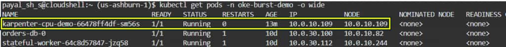Terminal screenshot showing kubectl get pods -n oke-burst-demo -o wide output after the Karpenter CPU demo workload is scaled down, with one karpenter-cpu-demo pod, orders-db-0, and stateful-worker all in Running status, confirming that the remaining managed-node and stateful workloads are healthy in the mixed OKE cluster