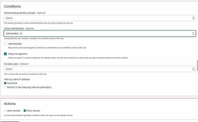 A screenshot of the Conditions page with “administrators” added to the group membership section and details selected.