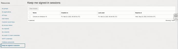 A screenshot of the Resources menu with the link to the Keep me signed-in sessions highlighted.