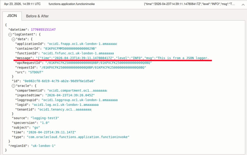 A screenshot showing a an escaped JSON object in a string in the 'message' field in the OCI Logging UI