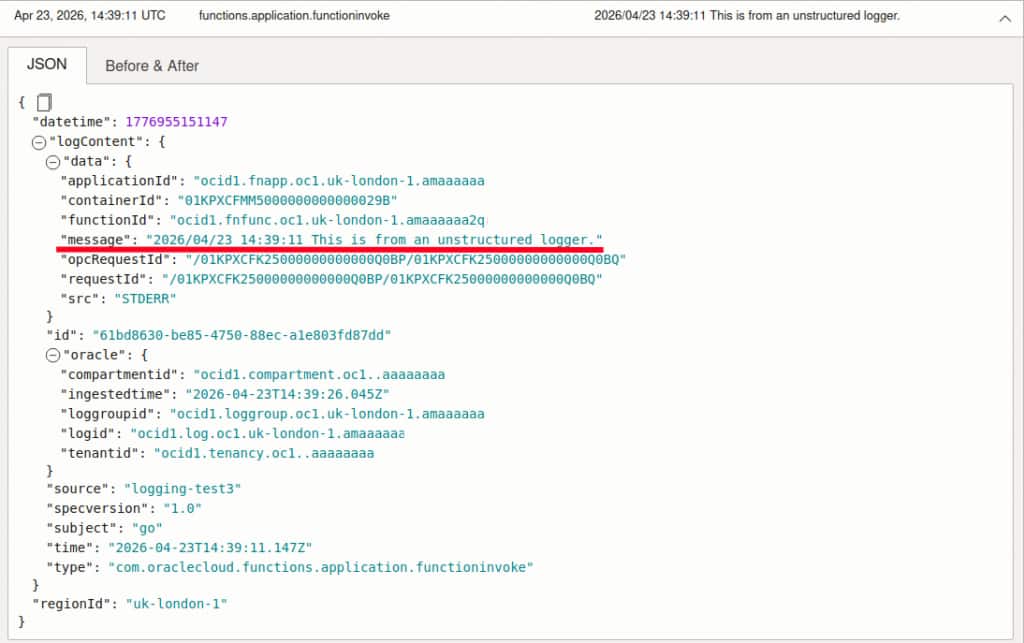 A screenshot showing a plain text string in the 'message' field in the OCI Logging UI