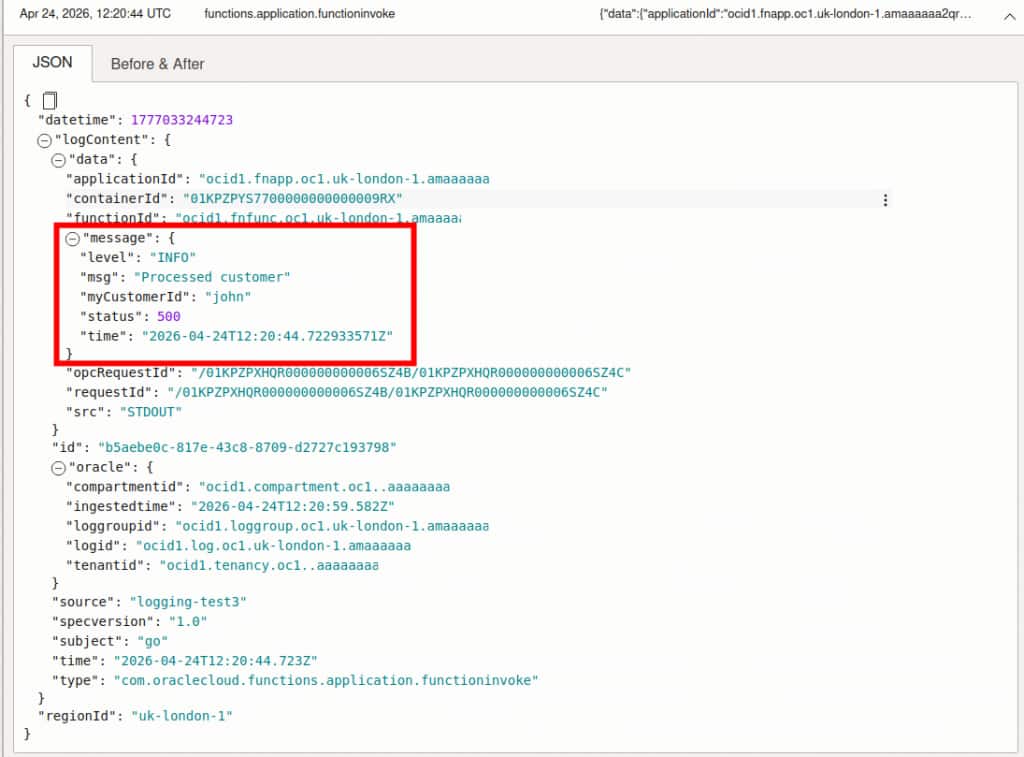 A screenshot showing an expanded native JSON object in the 'message' field in the OCI Logging UI