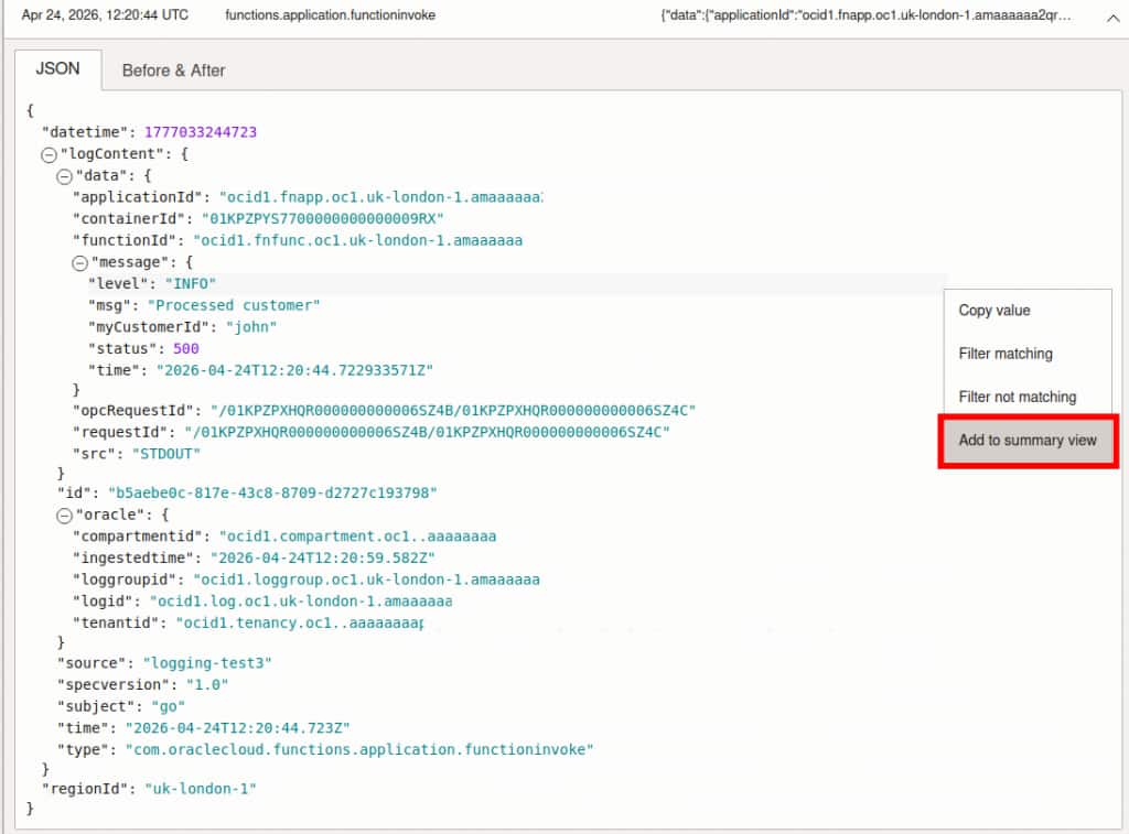 A screenshot showing the right-click menu for a field in the OCI Logging UI, with the 'Add to summary view' button highlighted
