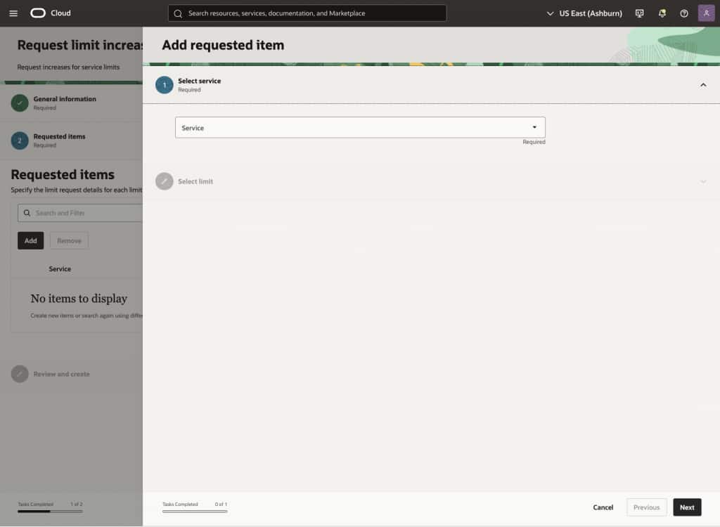 Service type and limit selection screen