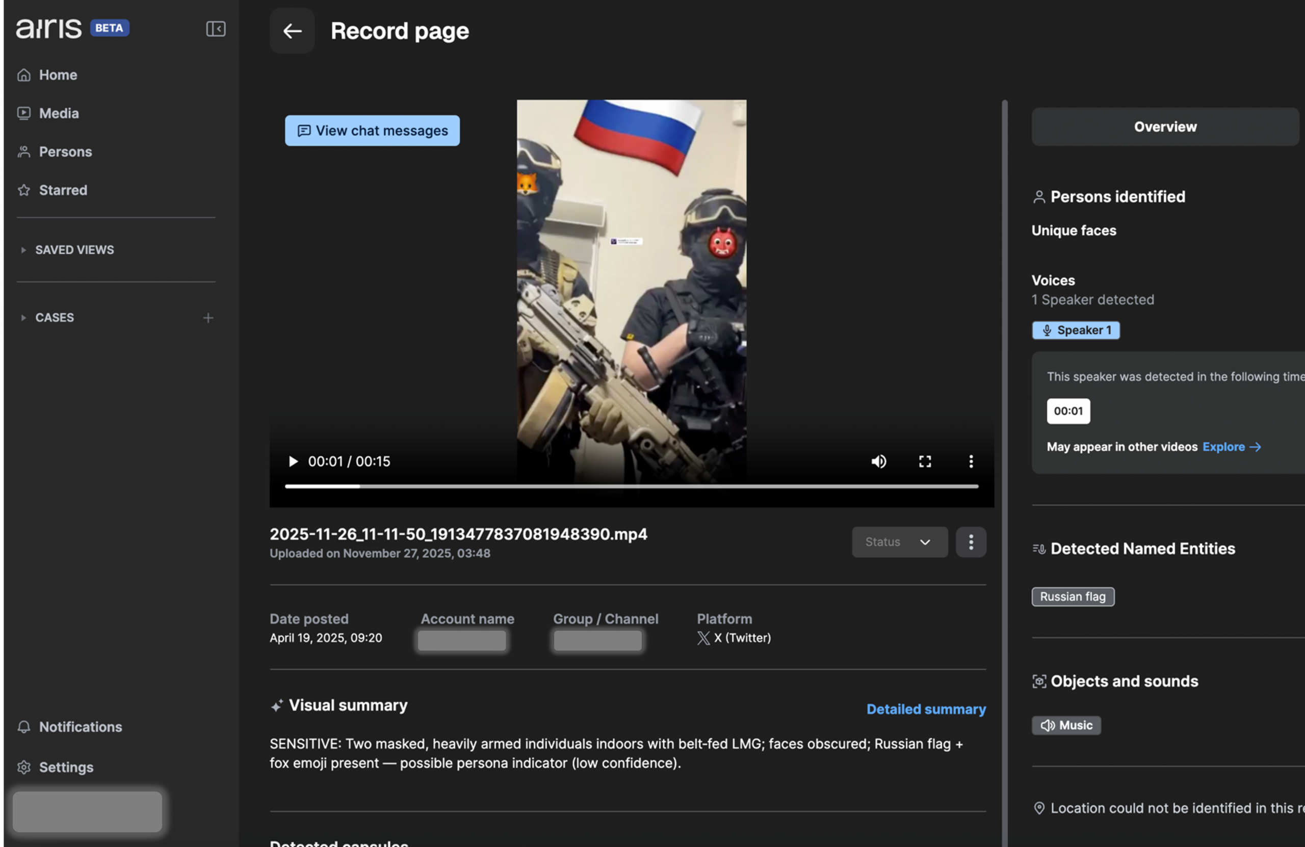 A screenshot of a video posted to social media showing the following overview: Unique faces, Voices, Detected Named Entities, Objects and Sounds