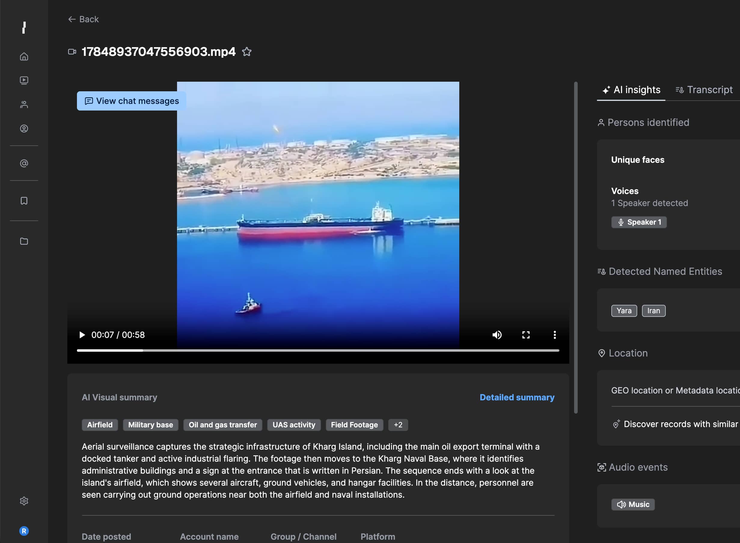AI visual summary of a image showing an oil export terminal and docked tanker.