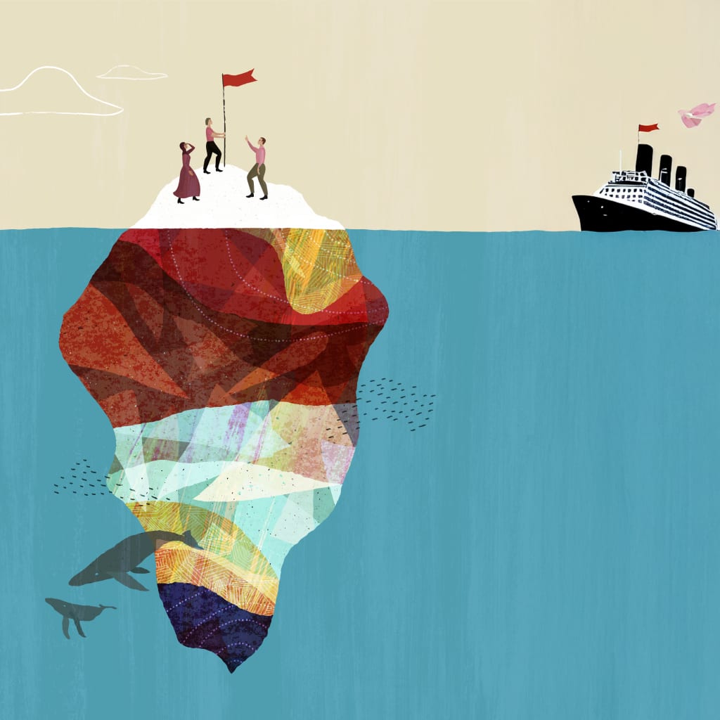 image of an iceberg with people planting a flag on top, in the distance, a ship resembling the titanic appears to be on a collision course. before the surface, the bullk of the ice berg appears in vibrant colors, while two whales swim along the bottom of the iceberg