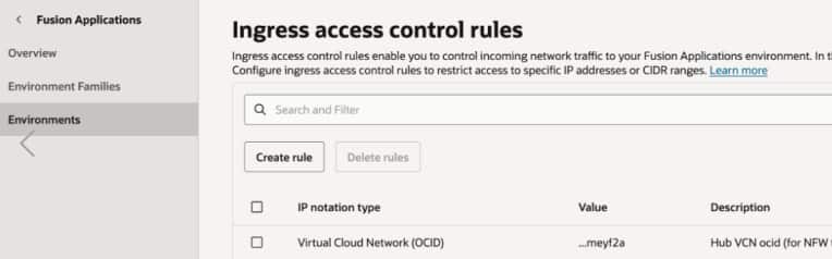 Allow traffic from Hub VCN to Fusion applications