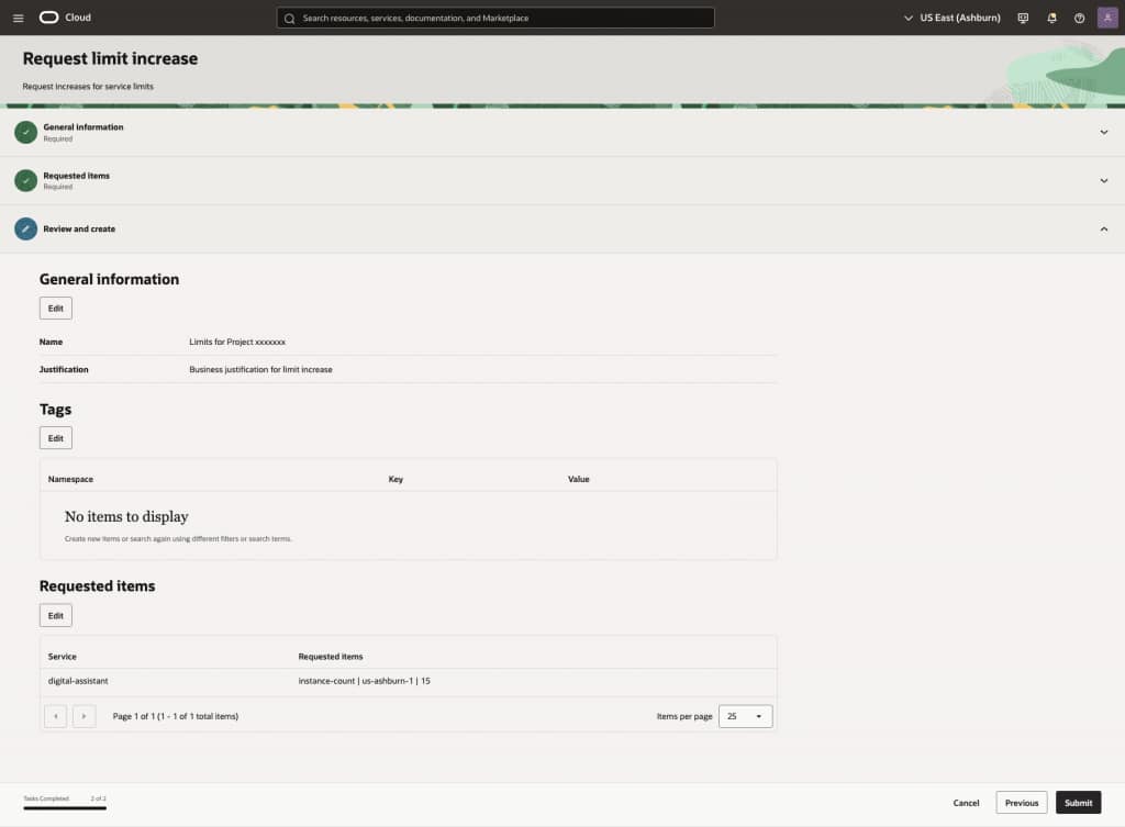 Service limit request review and submission screen