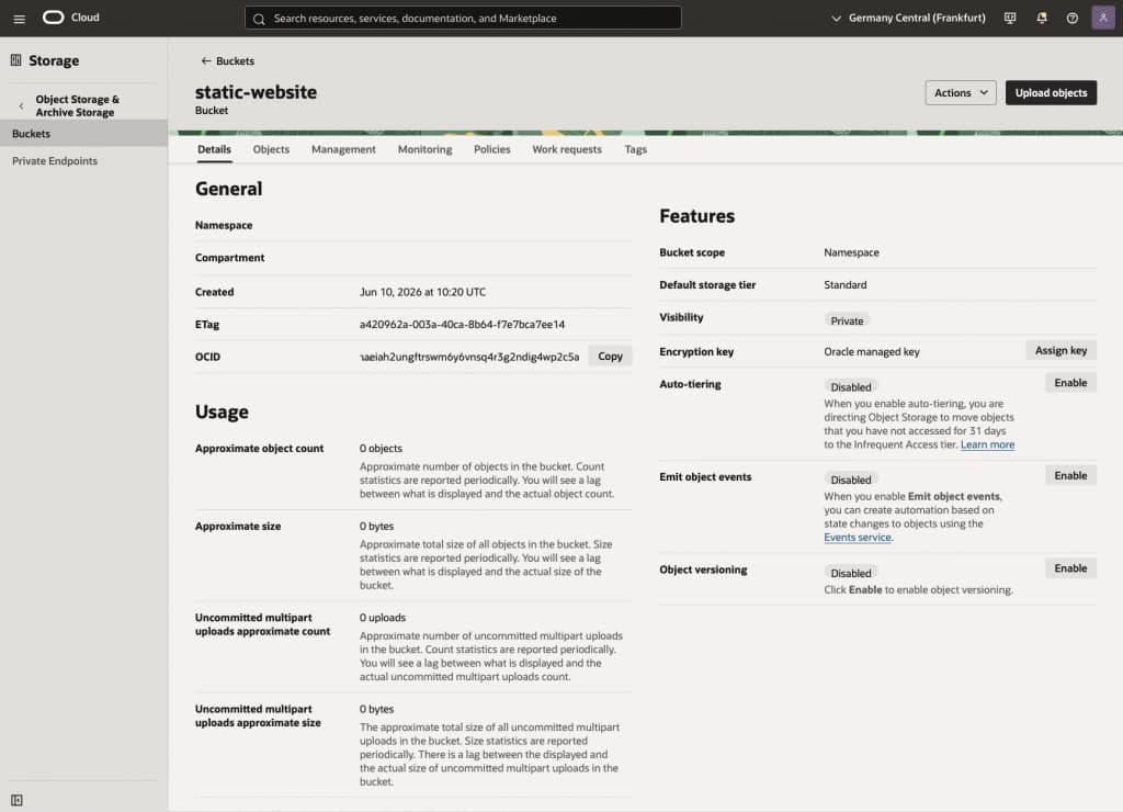 Details page of a 'static-website' bucket after creation with default settings