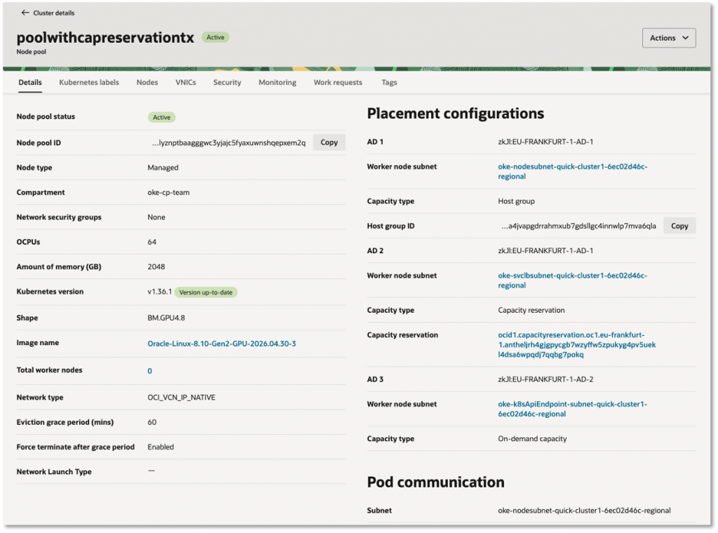 The node pool details page with a Host Group ID configured
