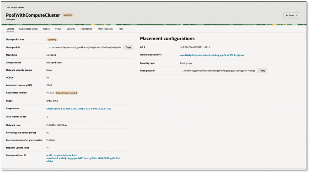 The node pool details page with the Compute Cluster ID instances will launch in