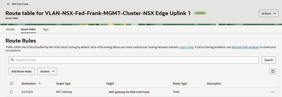 Route Table Uplink 1 VLAN FRA