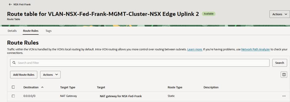 Route Table Uplink 2 VLAN FRA