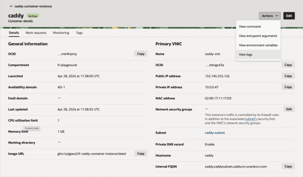 Container details of the 'caddy' contianer on the container instance