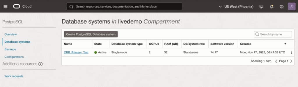 OCI Database with PostgreSQL database systems page showing the active primary system in the source region, ready to serve as the source for replication.