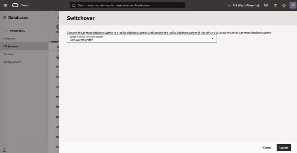 Switchover workflow for a controlled role reversal from the primary database system to the synchronized warm standby.