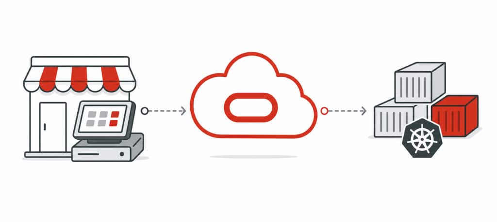 Minimal banner illustration showing a retail point-of-sale symbol connected to an Oracle Cloud-style red cloud icon and containerized workloads, representing Xstore deployment on OCI using Kubernetes.