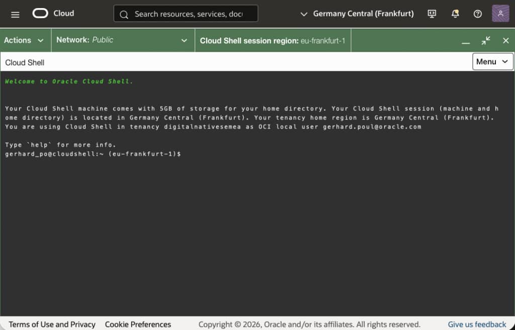 Screenshot of an opened Cloud Shell session; shows the command prompt after opening