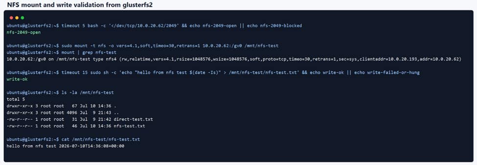NFS mount and write validation from glusterfs2