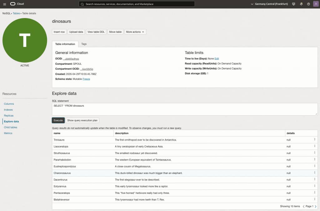 List of results of a "SELECT *" query on the dinosaurs table created above.