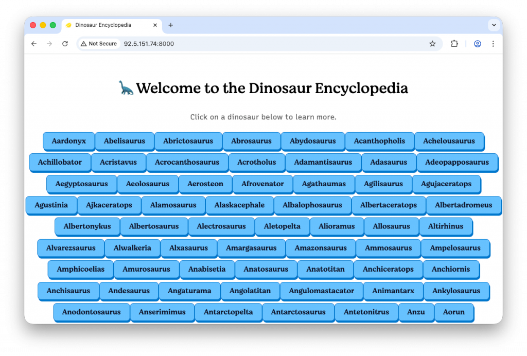 Screenshot of the dinosaur application running on the container instance within a web browser; showing a list of the dinosaurs to select.